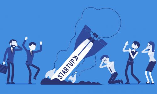 Startup rocket crash. Unplanned loss and fail, management mistakes and problems, first bad experience of young workers. Business style vector concept illustration